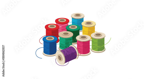 A neat arrangement of colorful thread spools in various sizes and shades, representing sewing and crafting materials.