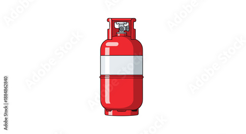 A bright red propane gas cylinder with a white label is depicted standing upright against a white background, representing fuel storage.