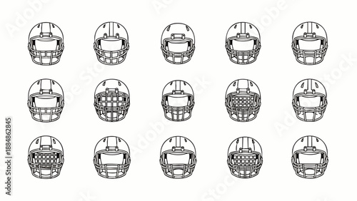 Collection of American Football Helmets in Line Art Style, Front View, Isolated on White Background