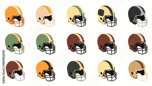 Collection of American Football Helmets in Various Vintage Color Schemes, Isometric View