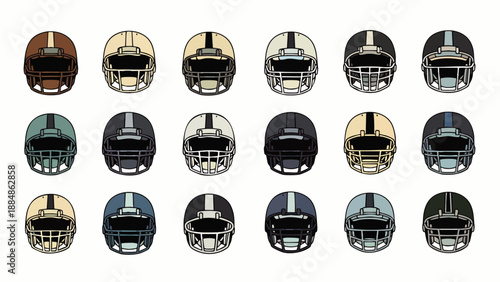 Collection of American Football Helmets in Various Colors and Styles, Sport Equipment Design Elements