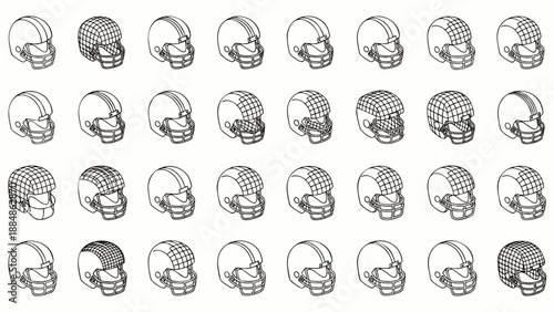 Collection of American Football Helmets with Different Designs and Patterns, Sports Equipment Illustration