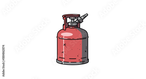 A weathered red gas cylinder with a nozzle and visible scratches, set against a white background, suggesting use and durability.