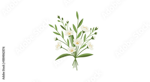 A delicate bouquet of small white flowers with green leaves and buds is tied with a string, forming a charming natural arrangement on a white background.