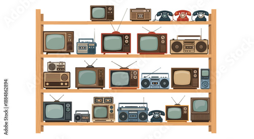 A wooden shelf unit displays a collection of vintage electronics, including televisions, radios, and telephones, representing retro technology.
