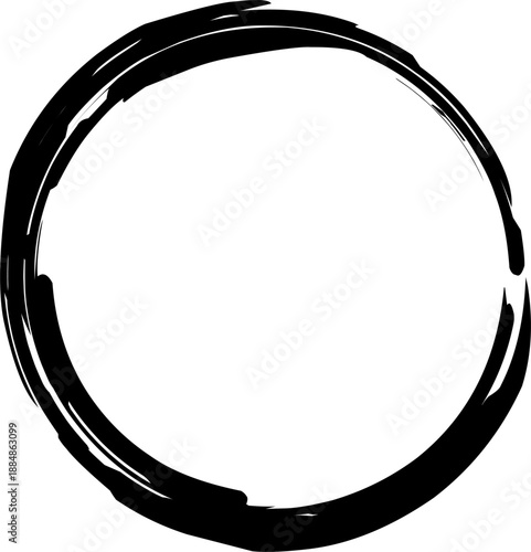 Abstract black circular brush stroke frame isolated on white background. Minimal ink ring design with rough hand-painted texture, perfect for logo template, badge, label, poster, modern branding, zen 
