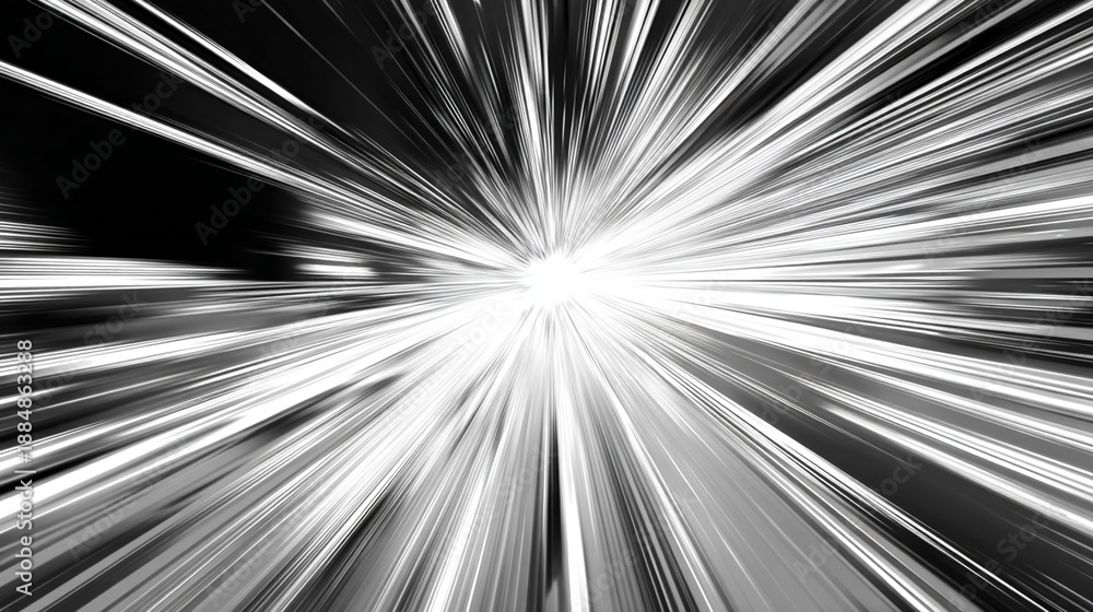 Fototapeta premium 光が中心から放射状に広がる高速移動のような白黒の抽象背景 