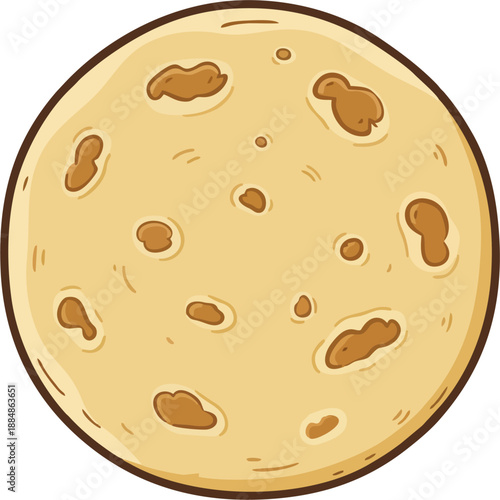 Ideal round chapati flatbread cartoon with precise dark brown blotches and subtle shading