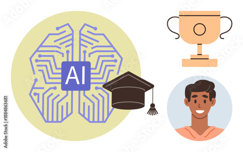 Artificial intelligence, education, learning, success, technology, innovation. ion of an AI brain, a graduation cap a trophy and a smiling student. Education and success concept