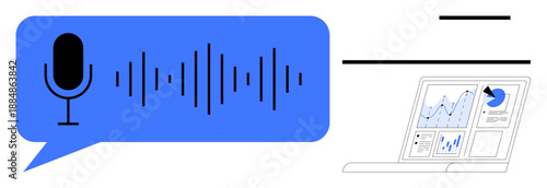 Artificial intelligence, data analytics, voice recognition, digital communication, business insights, remote work. Microphone icon and analytics dashboard. Voice recognition and data analytics