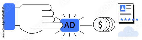 Hand clicks digital ad button leading to currency icons and personal profile with rating stars. Ideal for online ads, marketing, monetization, PPC, digital identity, e-commerce, audience targeting