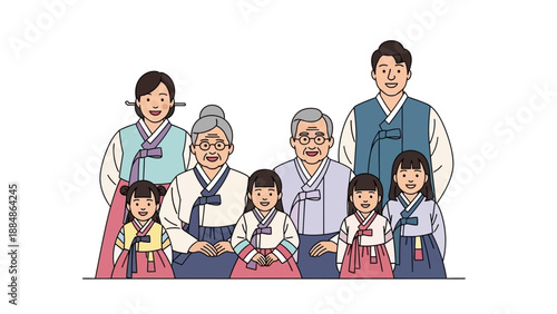 Traditional Korean Family Portrait Illustration.