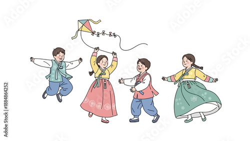 Children Playing with Kites in Traditional Clothing.
