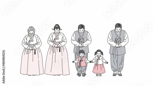 Traditional Korean Family Illustration Standing Together.