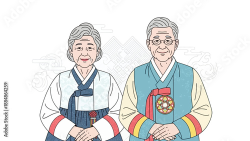 Elderly Korean Couple in Traditional Clothing.