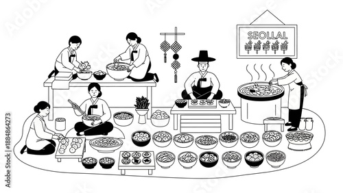 Traditional Asian Food Preparation Scene Illustration.
