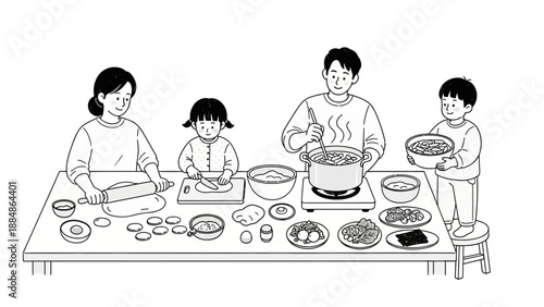 Family Cooking Together Preparing Meal Illustration.