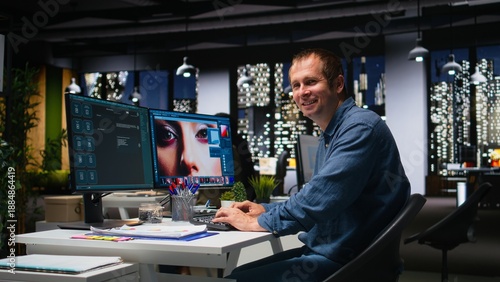 Media editor using AI program turning text prompt into photos, retouching technique. Graphic designer text to image artificial intelligence generator transforming words into pictures. Camera A.