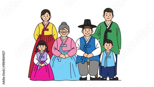 Traditional Korean Family in Hanbok Clothing.