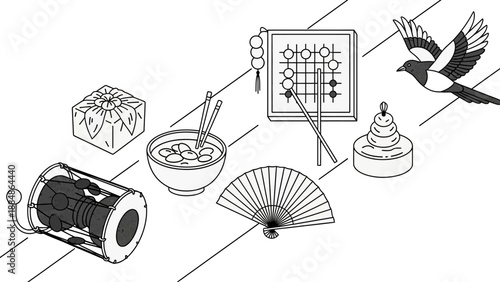 Japanese Traditional Items and Symbols Illustration.