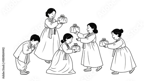 Group of People in Traditional Dress Serving Food.