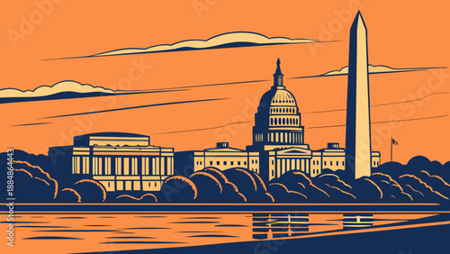 Washington dc skyline with us capitol building and washington monument. Suitable for travel brochures, websites, and patriotic themed designs.