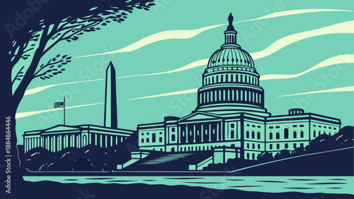 Washington dc skyline with capitol  washington monument, suitable for designs related to politics, government, travel, and tourism promotions.