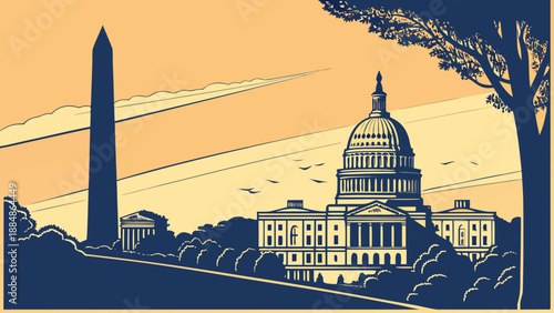 Washington dc skyline showcases monument and capitol in the capital. Suitable for travel guides, presentations, advertisements, and patriotic designs.