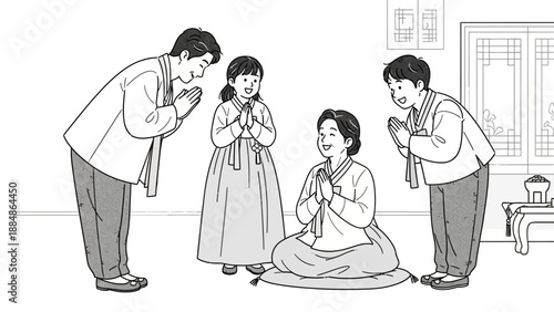 Family Members Performing Traditional Korean Bow.