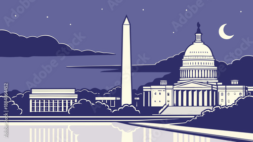 Washington dc skyline featuring illuminated washington monument and capitol building at night. Suitable for travel, cityscape, landmarks, or patriotic concepts.