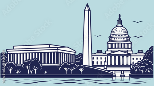 Washington dc skyline featuring monuments and trees. Perfect for travel blogs, history websites, educational presentations, and patriotic designs.