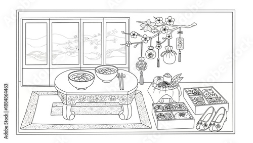 Traditional Japanese Tea Room Interior Illustration.