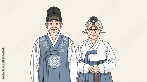 Traditional Korean Couple in Hanbok Clothing.