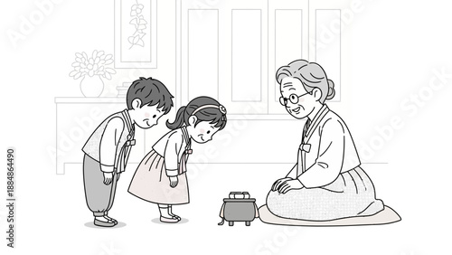 Children Observing Toy with Elderly Woman.
