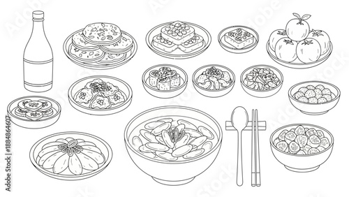 Assorted Asian Dishes and Utensils Illustration.