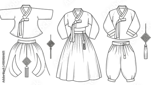 Traditional Korean Hanbok Outfit Illustration Details.