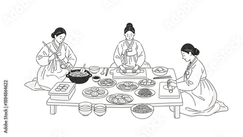 Three Women Preparing Traditional Korean Meal.