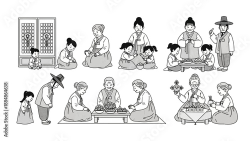 Traditional Korean People Engaging Various Activities.