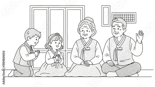 Family in Traditional Korean Clothing Seated Together.