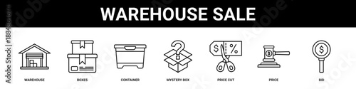 Warehouse Sale web banner icon set collection solid style.