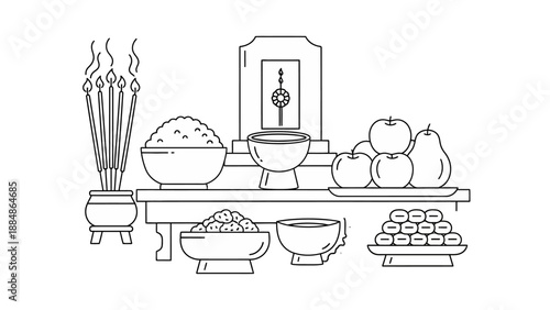 Traditional Asian Food and Incense Offering.