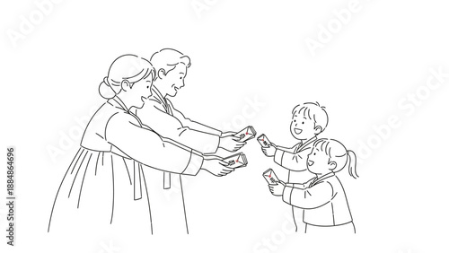 Woman and Child Receiving an Object.