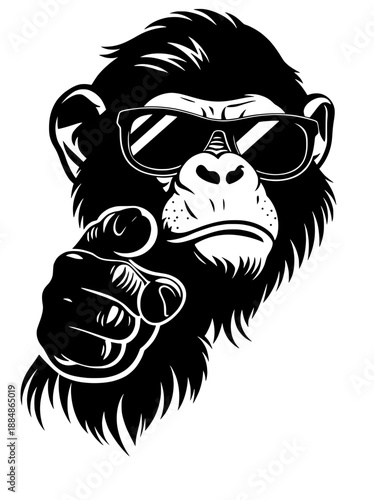 stylized black gorilla wearing sunglasses pointing forward, bold graphic animal illustration with confident attitude isolated on white background.