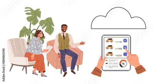 Car rental services, digital transformation, cloud storage, business planning, decision making, teamwork. Two people discussing a decision while a tablet showing a checklist and a cloud icon appear