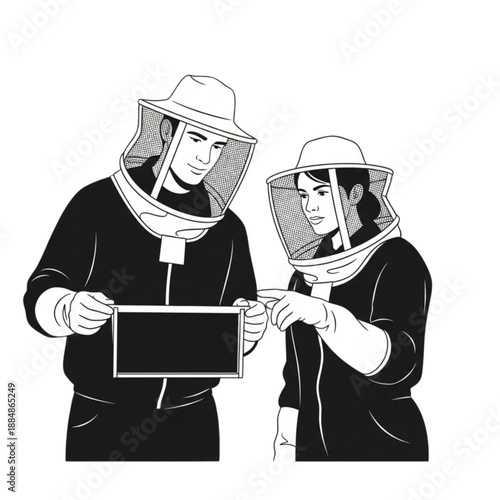 Beekeepers in protective suits holding frame Isolated On Transparent Background.