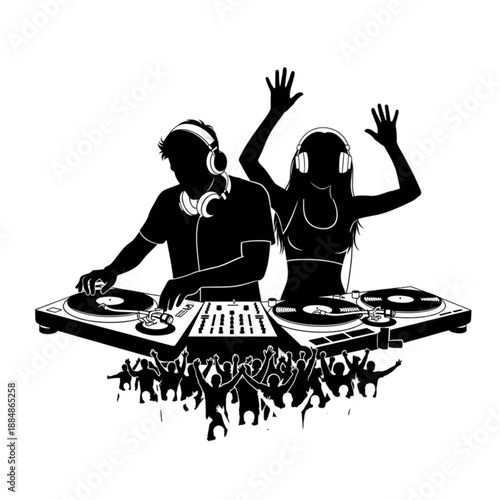 Two DJs wearing headphones at turntables Isolated On Transparent Background.