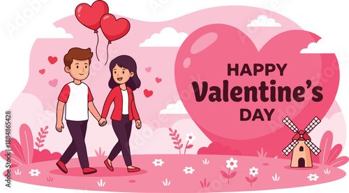 Cartoon illustration of a cheerful couple holding hands with heart balloons and a Valentine's Day message on a pink background with flowers and a windmill.