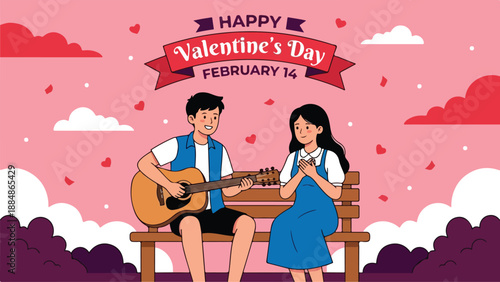 Illustration of a romantic couple sitting on a bench with a guitar on Valentine's Day, surrounded by pink and red hearts and clouds.