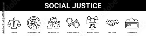 Social Justice web banner icon set collection solid style.