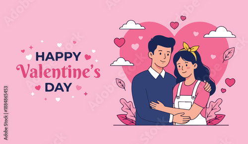 Illustration of a loving couple embracing in front of a pink heart on Valentine's Day with a festive background.